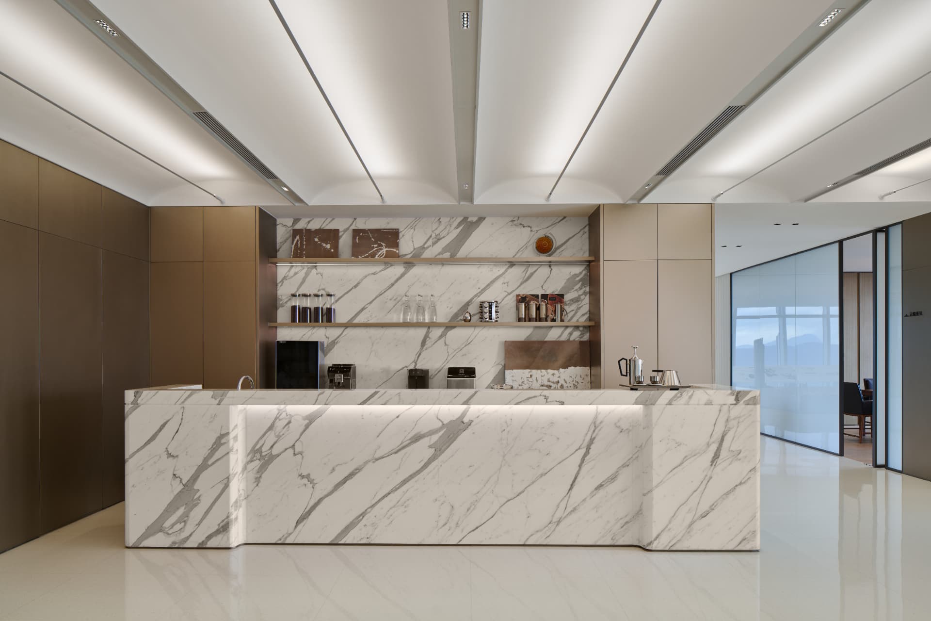 No.1 Shennan Road — Shenzhen, China: No.1 Shennan Road, Shenzhen — marble pantry counter under linear ceiling lighting