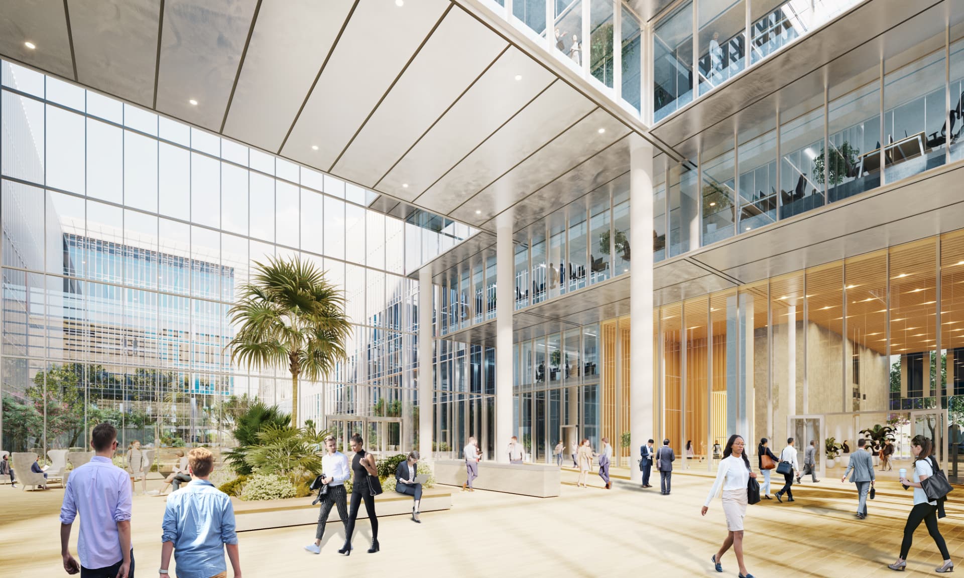 Gateway District Offices, Aerocity — New Delhi, Indien: Gateway District Offices, Aerocity Delhi — daylit atrium with planting and seating