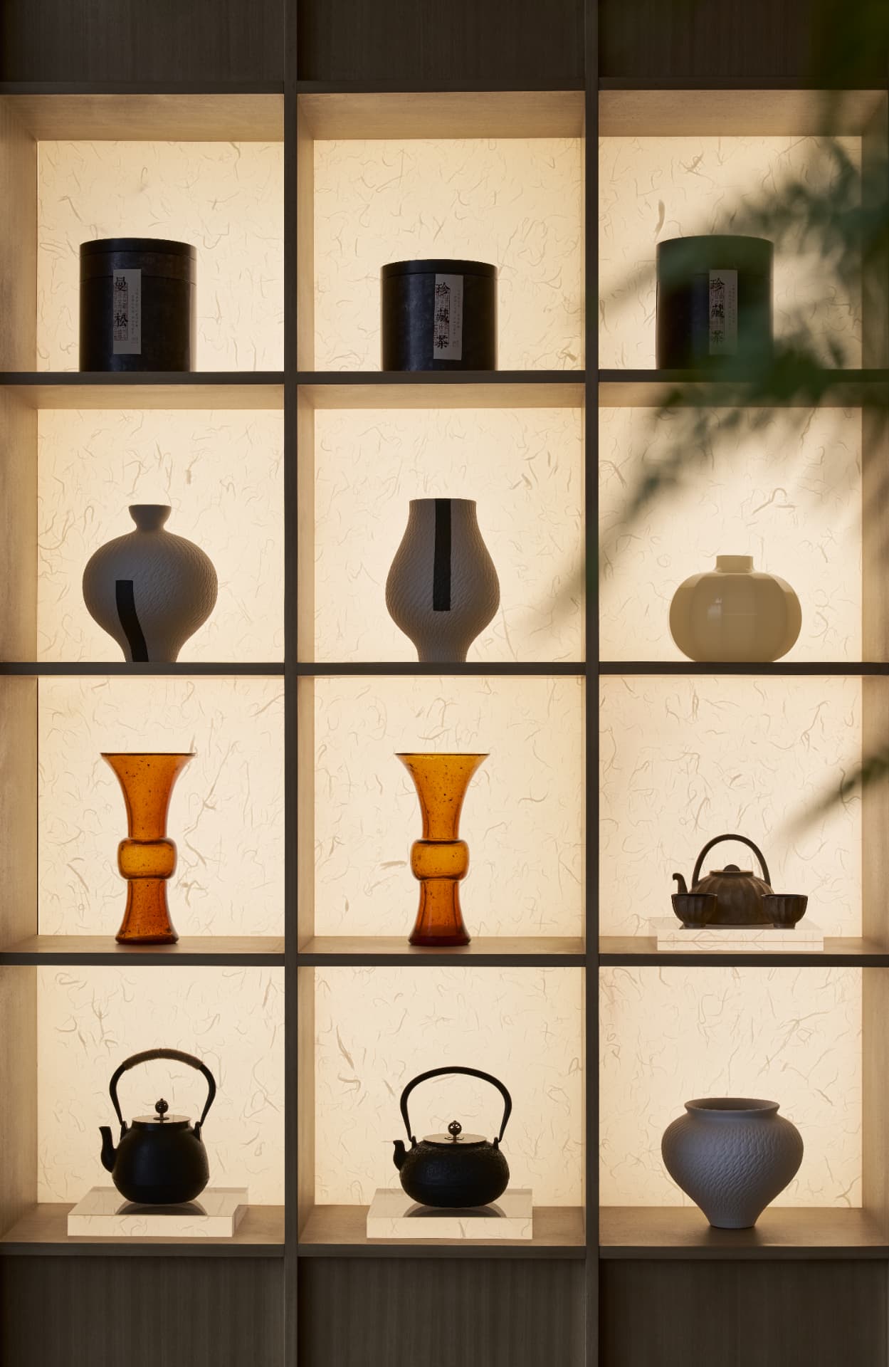 No.1 Shennan Road — Shenzhen, China: No.1 Shennan Road, Shenzhen — backlit display shelving with ceramics and tea ware