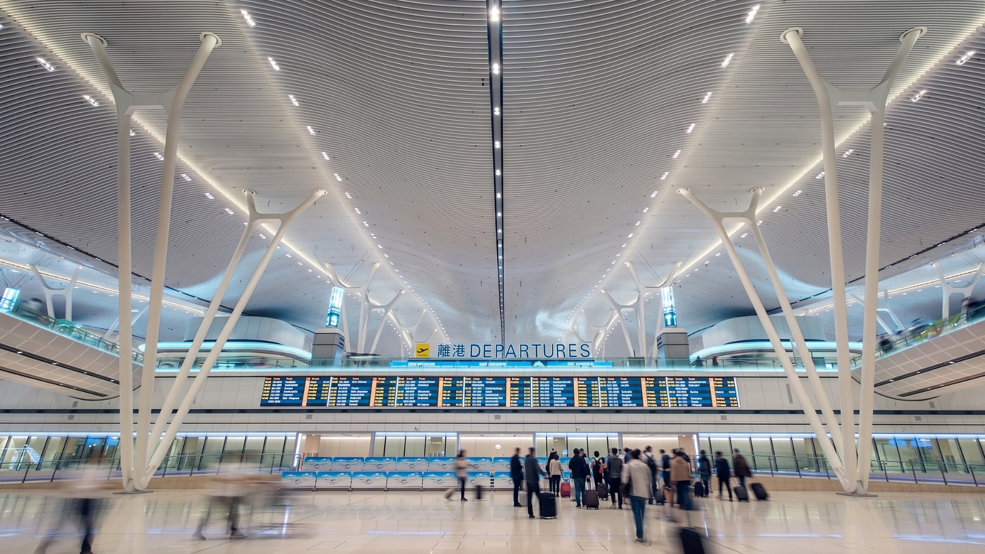 Hong Kong International Airport – Terminal 2 — Hong Kong, China: Hong Kong International Airport Terminal 2 — departures hall with illuminated tree columns, Lichtvision lighting design