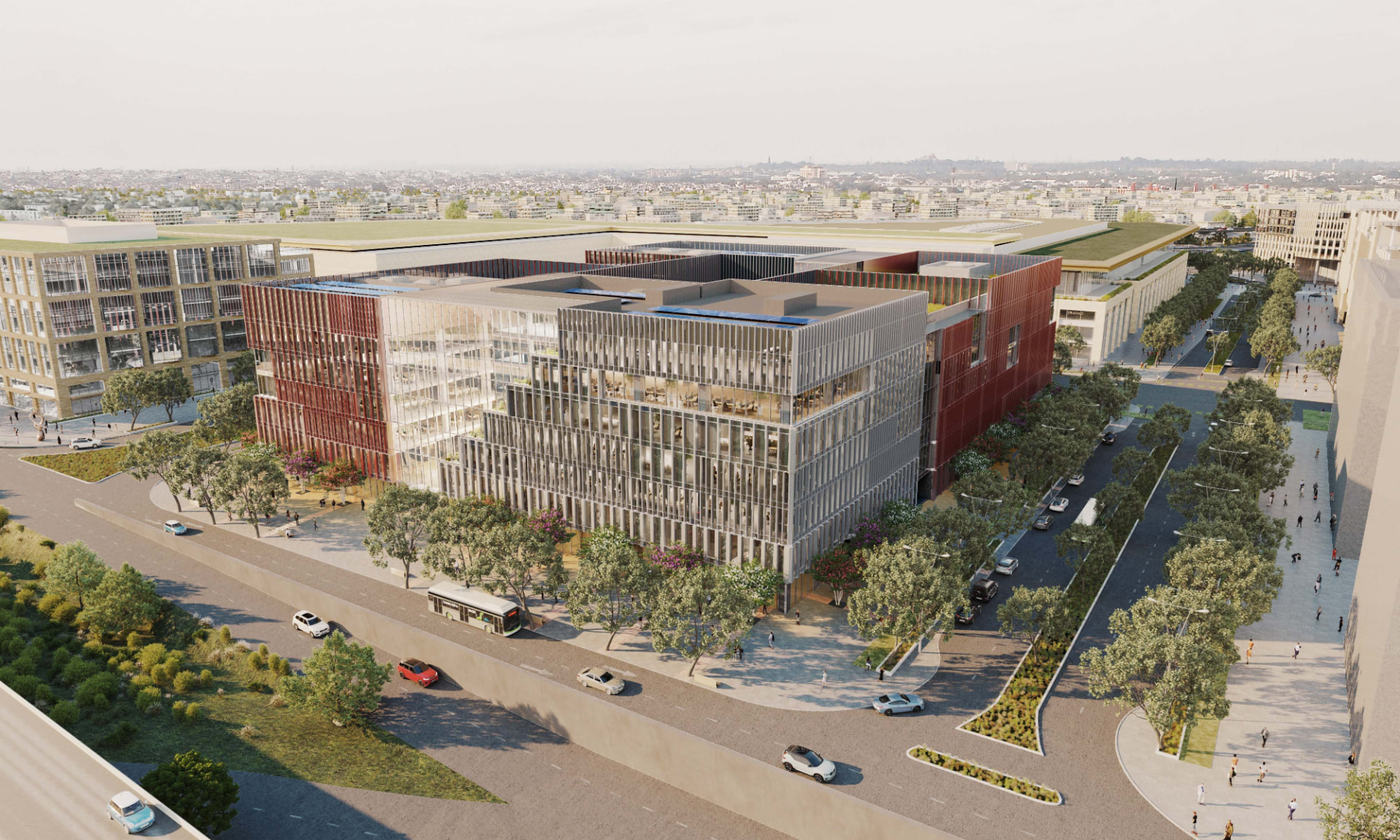 Gateway District Offices, Aerocity — New Delhi, Indien: Gateway District Offices, Aerocity Delhi — aerial view of the block and biophilic courtyard