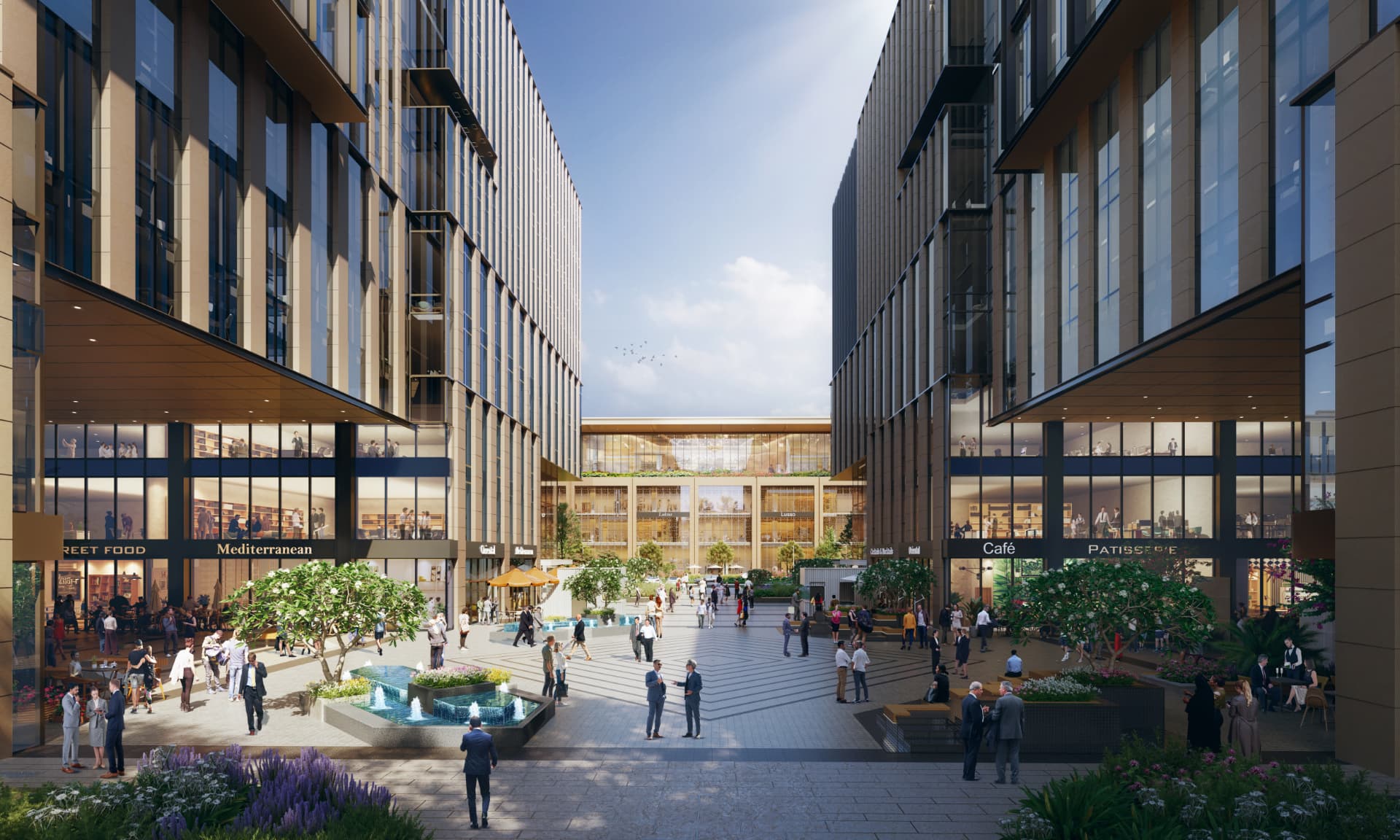 Gateway District Offices, Aerocity — New Delhi, Indien: Gateway District Offices, Aerocity Delhi — courtyard plaza with retail frontages